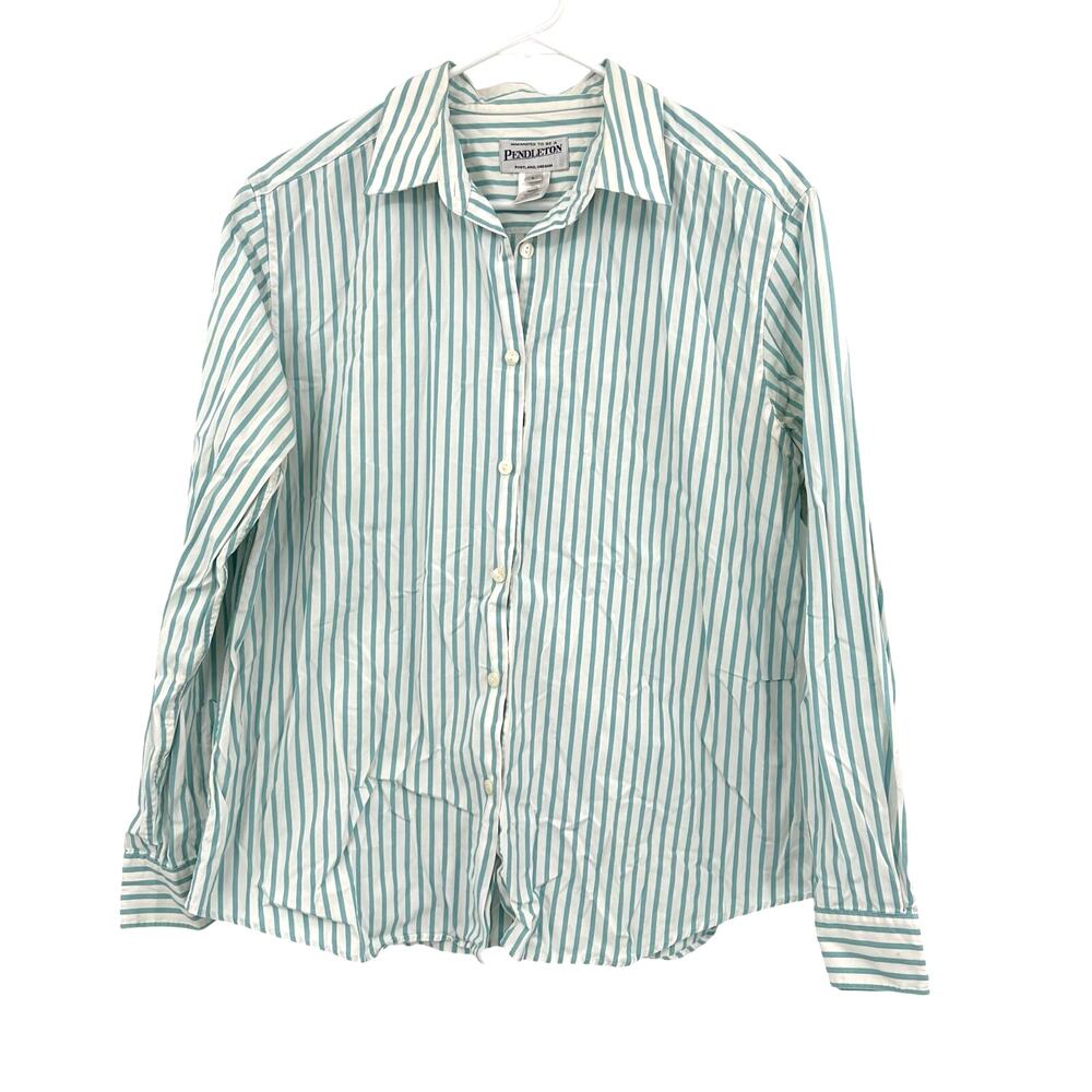 Pendleton Size Large Long Sleeve Button Up Blouse Top Shirt Blue White Stripe
